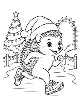 A cheerful runner in this hedgehog christmas coloring page wearing a Santa hat and sneakers.