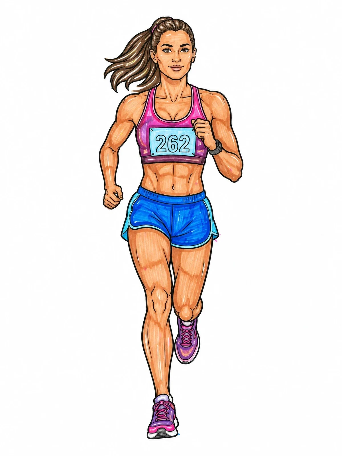 Colored example of the Female Marathon Runner In Motion coloring page