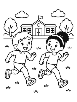 Free printable Kids Racing On The Schoolyard coloring page