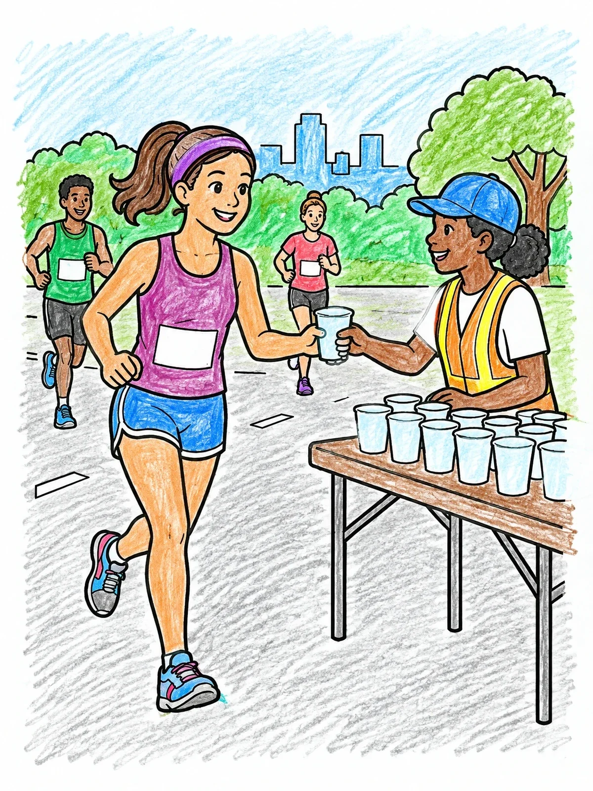 Colored example of the Marathon Runner At Water Station coloring page