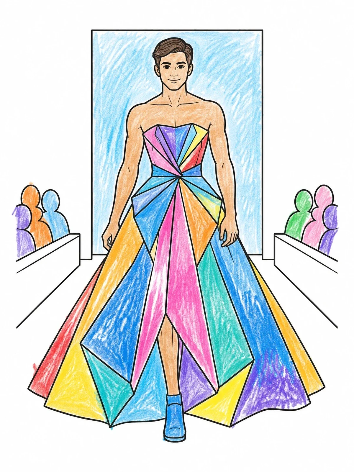 Colored example of the Runway Model In Origami Ball Gown coloring page