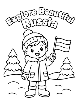A happy child holding a flag in a winter landscape on this russia coloring page.