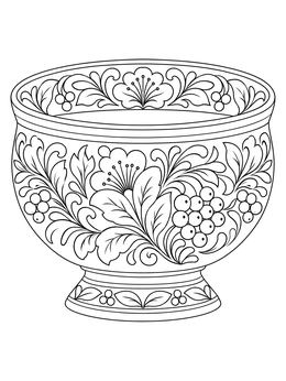 A decorative russia coloring page featuring an ornate Khokhloma style painted bowl with berries.