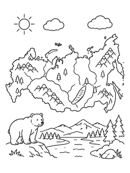 Free printable Russia Map And Brown Bear Nature coloring page