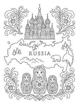 A detailed Russia coloring page featuring a country map, nesting dolls, and Saint Basil's Cathedral.