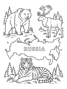 A Russia coloring page showing a map outline surrounded by a brown bear, reindeer, and Siberian tiger.