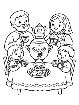 Free printable Russian Family Tea Time With Samovar coloring page