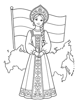 A girl in traditional sarafan dress and kokoshnik on this russia coloring page with flag and map outline.