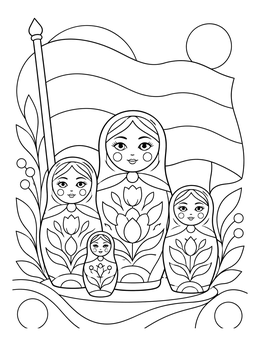 Decorated nesting dolls before a waving flag in this russia coloring page.