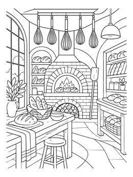 A rustic brick oven surrounded by fresh bread in this bakery coloring page.