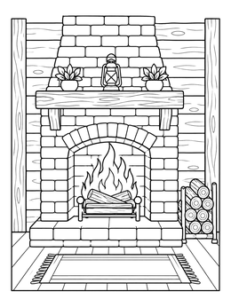 A cozy fireplace coloring page featuring a roaring fire, brick hearth, and stacked logs.