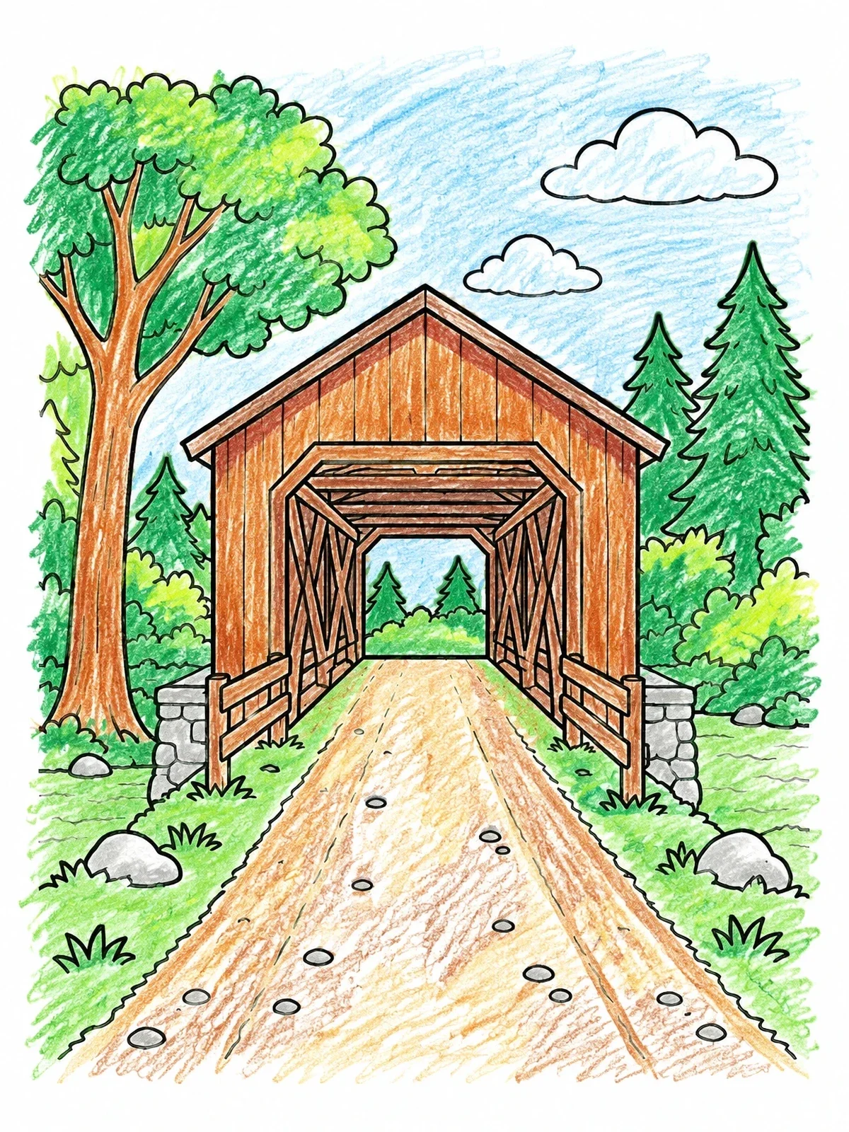 Colored example of the Rustic Covered Bridge In Forest coloring page