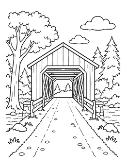 Free printable Rustic Covered Bridge In Forest coloring page