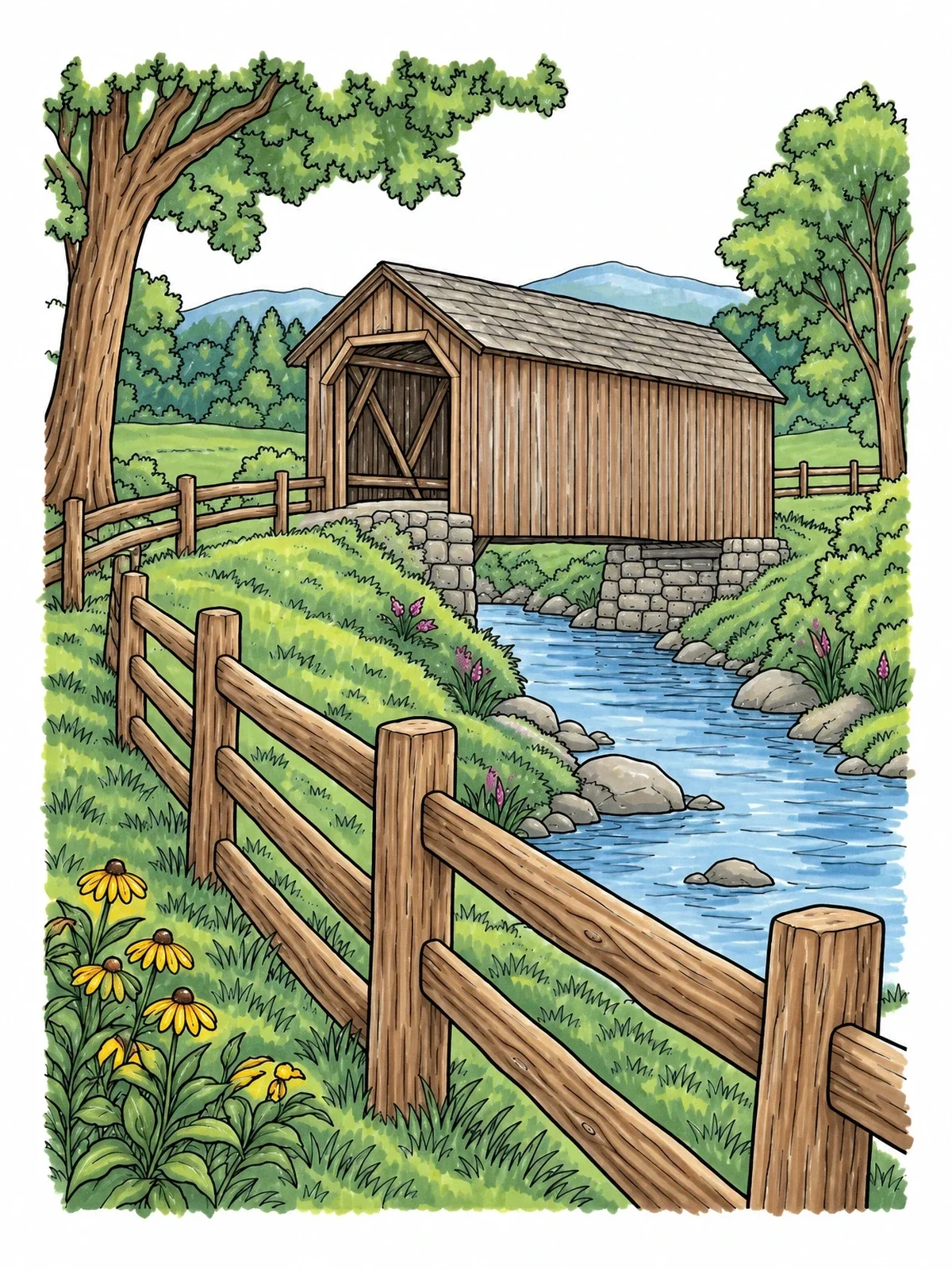 Colored example of the Rustic Covered Bridge By Creek coloring page