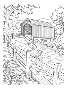 A peaceful covered bridge coloring page featuring a wooden fence alongside a flowing creek.