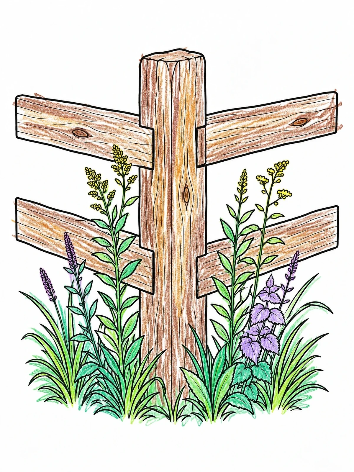 Colored example of the Rustic Wooden Fence Corner With Meadow Plants coloring page