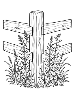 Free printable Rustic Wooden Fence Corner With Meadow Plants coloring page