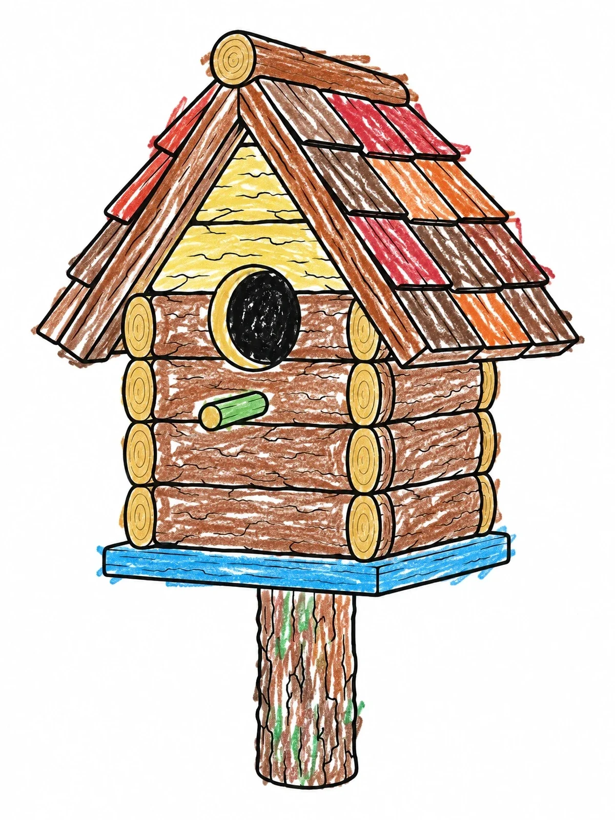 Colored example of the Rustic Log Cabin Birdhouse coloring page