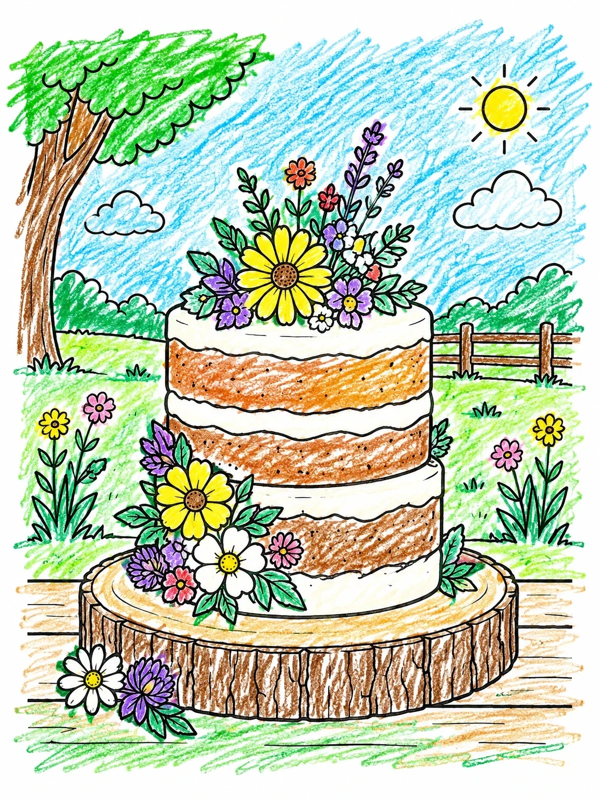 Colored example of the Rustic Wildflower Naked Cake Outdoors coloring page