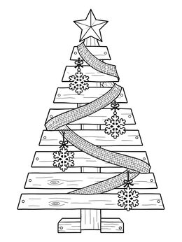 A rustic wooden pallet christmas tree coloring page with ribbon and snowflake ornaments.