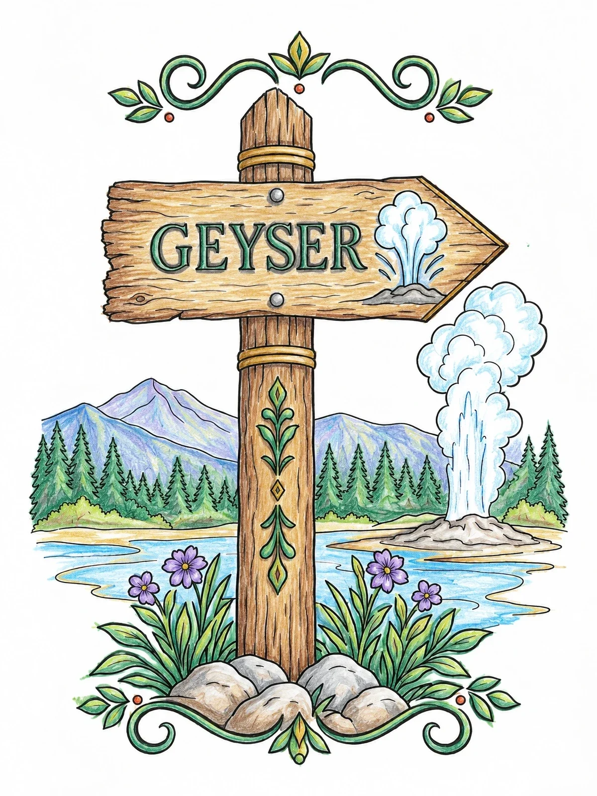 Colored example of the Rustic Geyser Trail Signpost coloring page