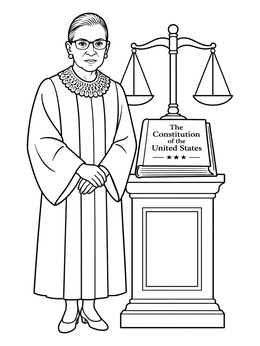 A detailed ruth bader ginsburg coloring page showing the Supreme Court justice standing beside the Constitution.