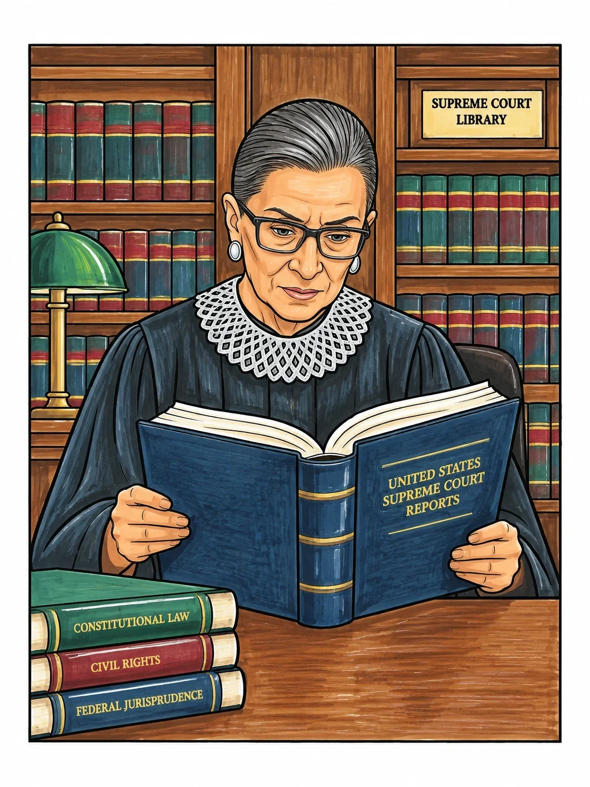 Colored example of the Ruth Bader Ginsburg In Library coloring page