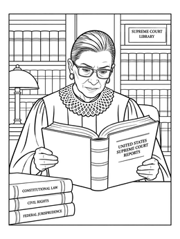 Detailed Ruth Bader Ginsburg coloring page studying inside the Supreme Court library.
