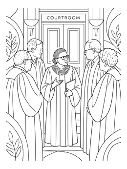 A detailed ruth bader ginsburg coloring page showing the justice conferring outside courtroom doors.