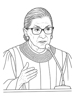 Detailed ruth bader ginsburg coloring page showing the Supreme Court Justice speaking at a microphone.