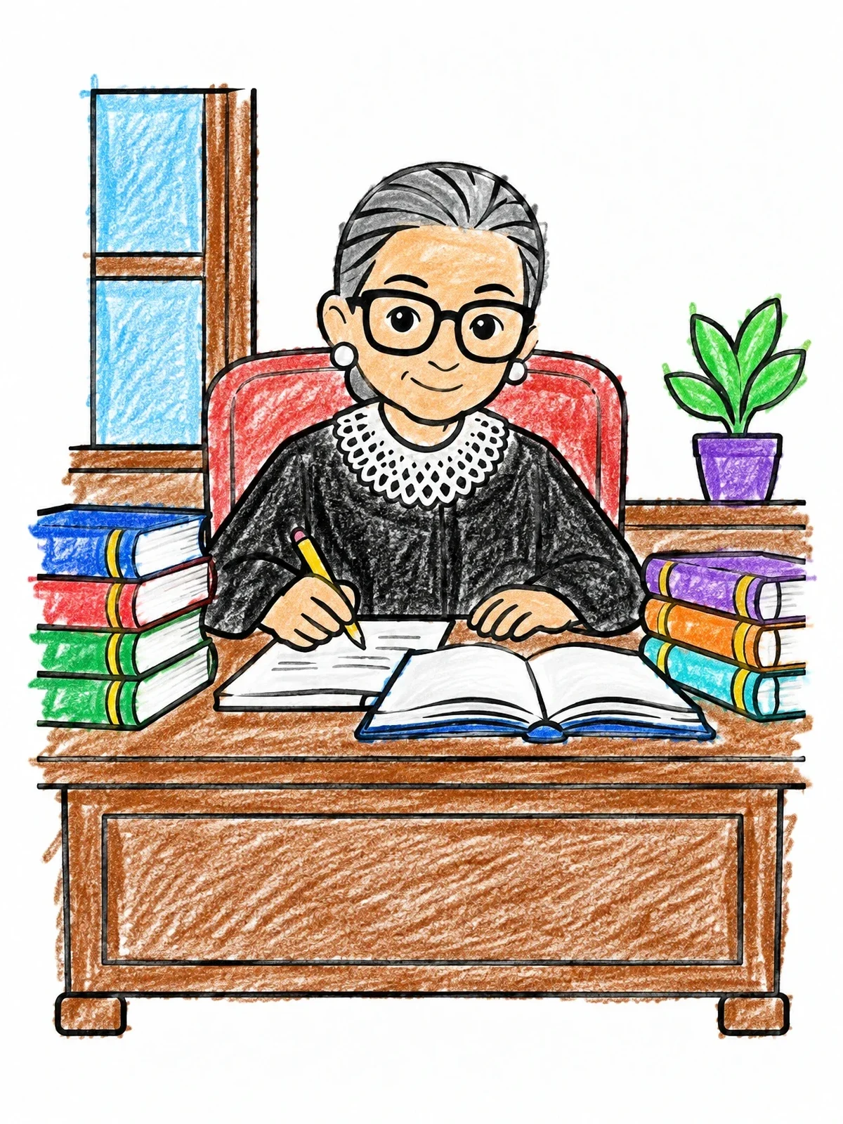 Colored example of the Ruth Bader Ginsburg At Her Desk coloring page