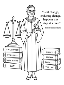 Free printable Ruth Bader Ginsburg With Law Books And Gavel coloring page