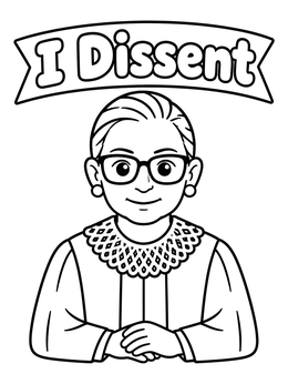 Free printable Ruth Bader Ginsburg With I Dissent Banner coloring page