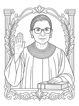 Portrait in this Ruth Bader Ginsburg coloring page showing the justice taking an oath.