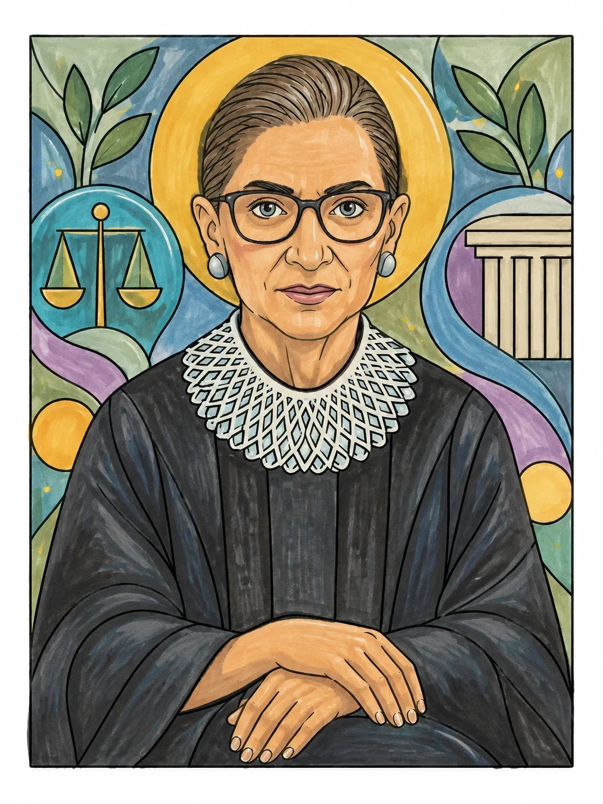 Colored example of the Ruth Bader Ginsburg Judicial Portrait coloring page