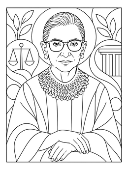 Detailed ruth bader ginsburg coloring page featuring her judicial collar, glasses, and legal scales.