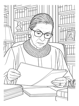 A detailed Ruth Bader Ginsburg coloring page showing the Supreme Court Justice reviewing legal papers in her study.