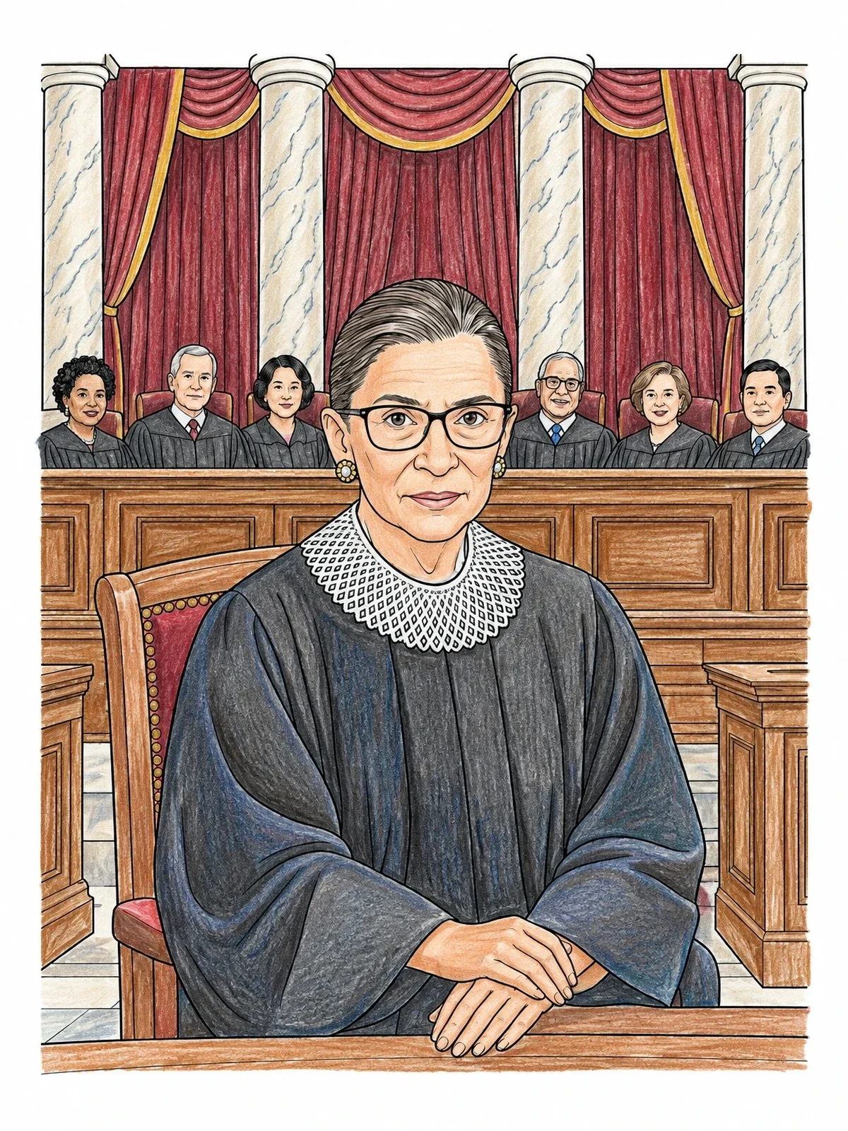 Colored example of the Supreme Court Justice Ruth Bader Ginsburg coloring page