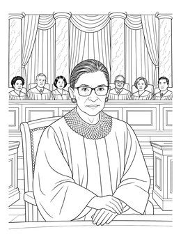 Detailed ruth bader ginsburg coloring page showing Justice Ginsburg in the Supreme Court courtroom.