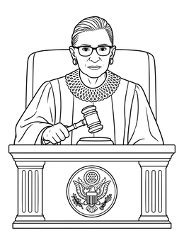 Justice seated with a gavel in this Ruth Bader Ginsburg coloring page illustration.
