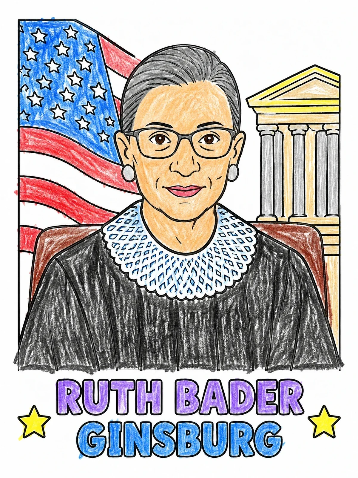 Colored example of the Supreme Court Justice Ruth Bader Ginsburg coloring page
