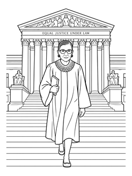 Justice on the steps in this detailed Ruth Bader Ginsburg coloring page with neoclassical architecture.
