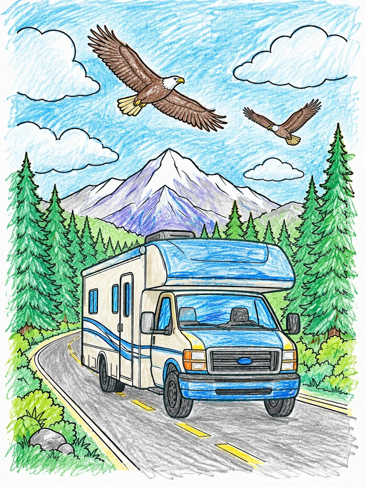 Colored example of the Camper Van On Mountain Highway coloring page