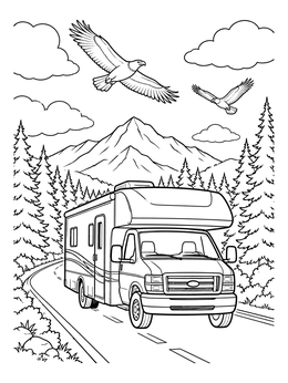 Free printable Camper Van On Mountain Highway coloring page