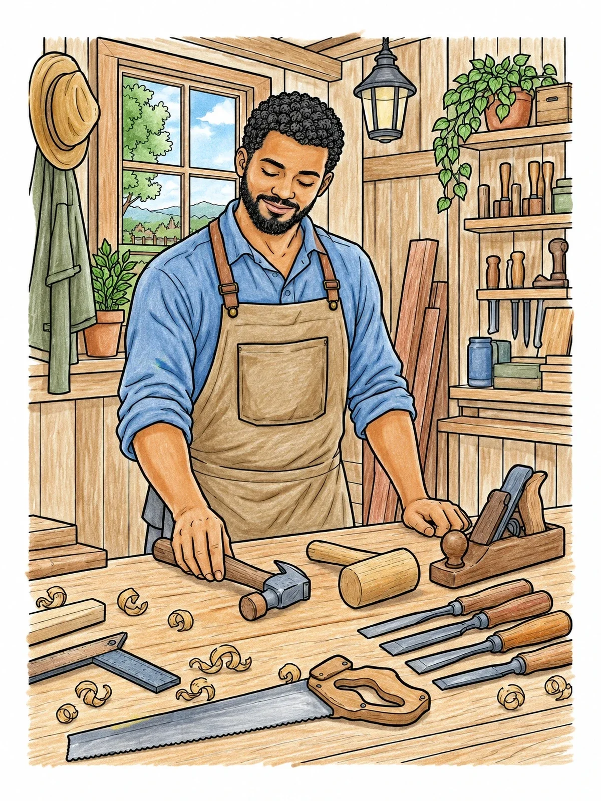 Colored example of the Carpenter Rest In The Workshop coloring page