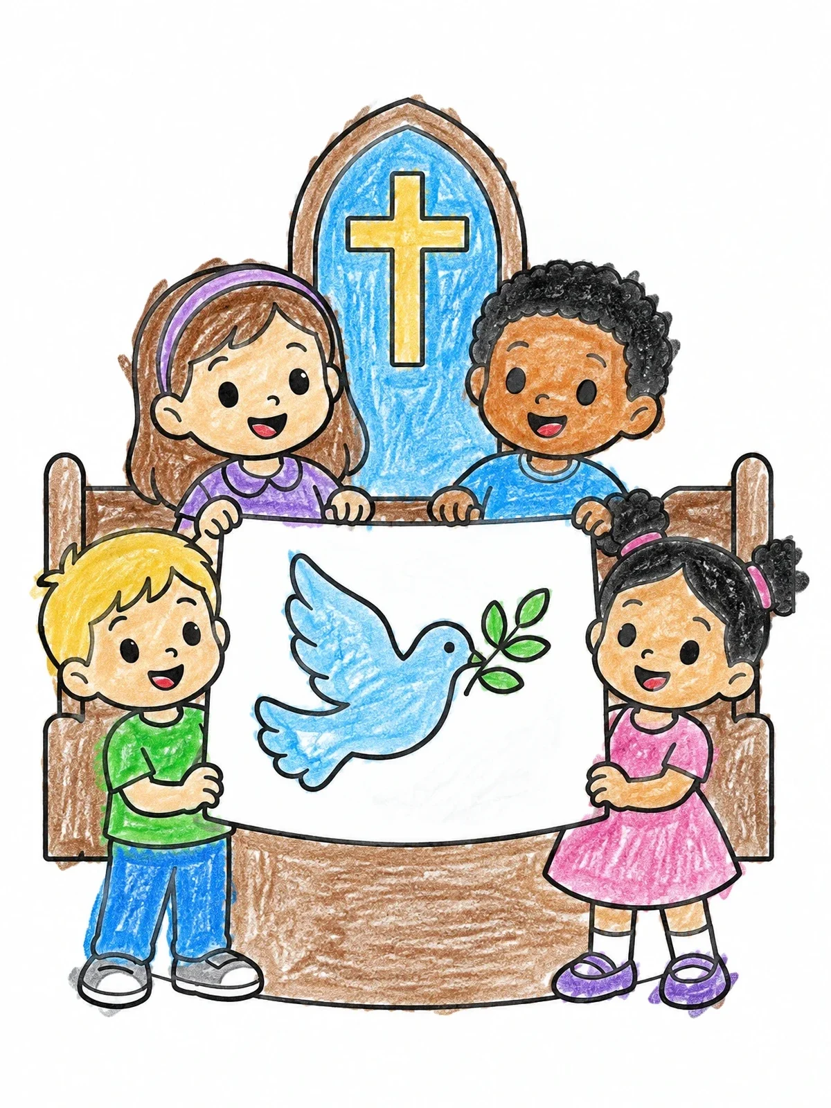 Colored example of the Children Holding Dove Peace Banner coloring page