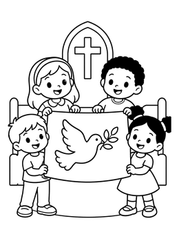 Free printable Children Holding Dove Peace Banner coloring page
