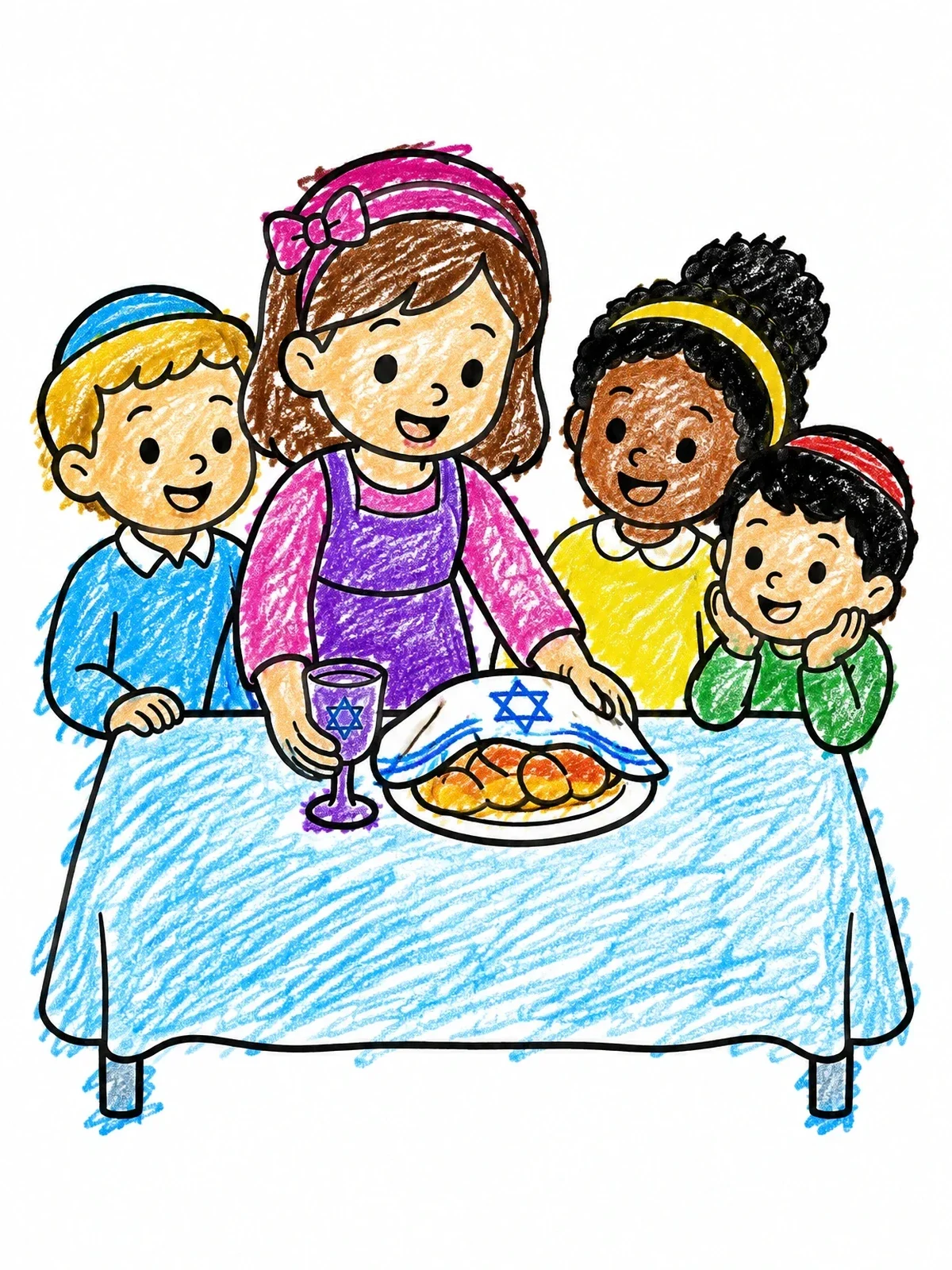 Colored example of the Children Preparing Shabbat Table coloring page