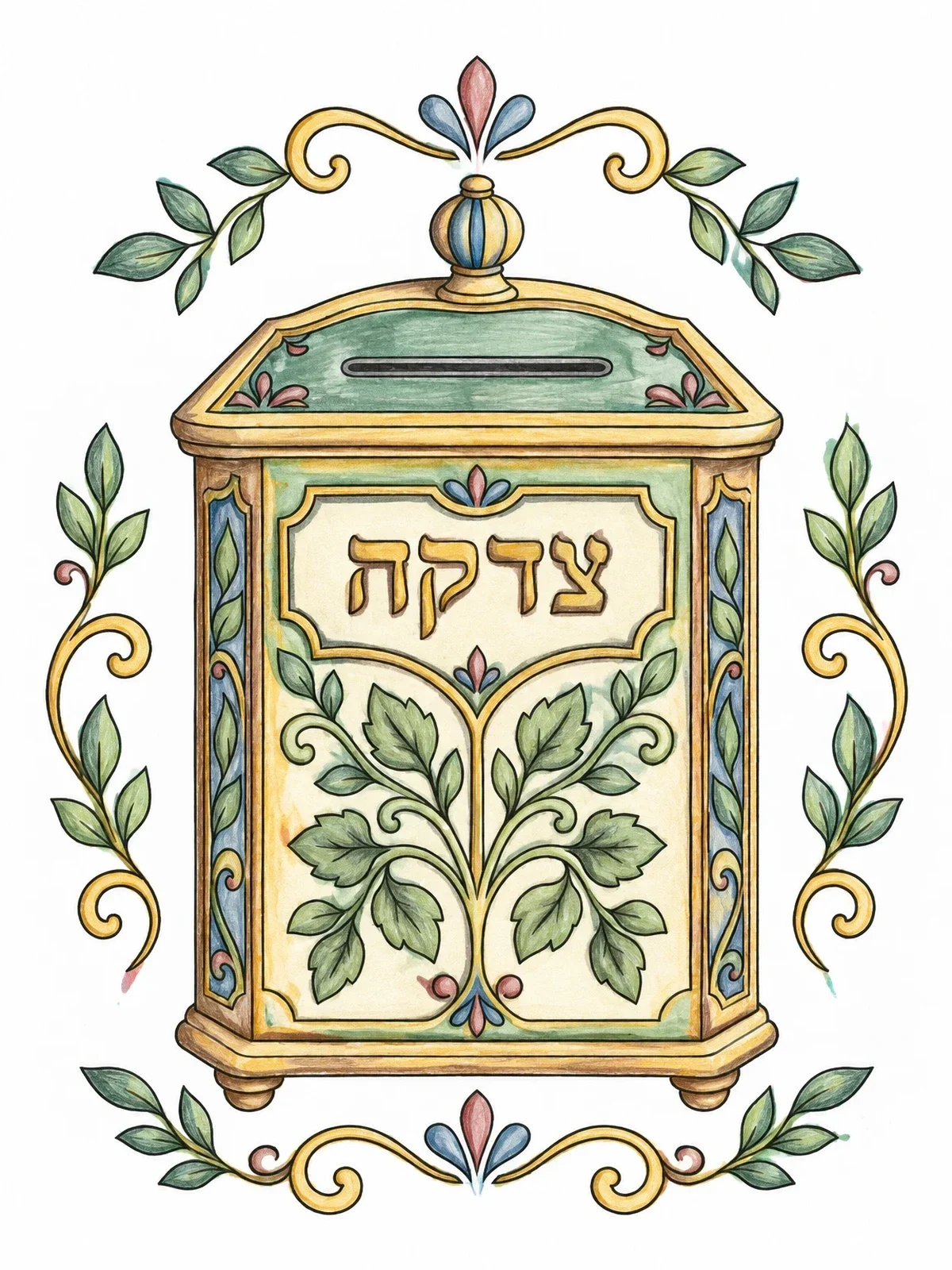 Colored example of the Decorative Tzedakah Charity Box coloring page