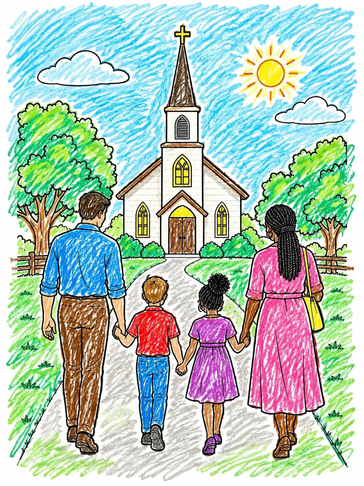 Colored example of the Family Walking To Country Church coloring page